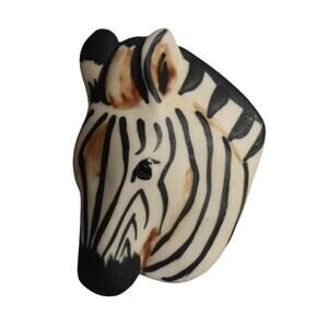 1990s Artisan Carol Halmy Hand Crafted Black & White Zebra Head Pin Brooch